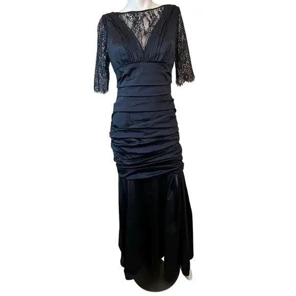 Theia Lace Sleeve Ruched Evening Dress 881865 Midnight Blue Mermaid Gown $748 8 - Picture 2 of 15